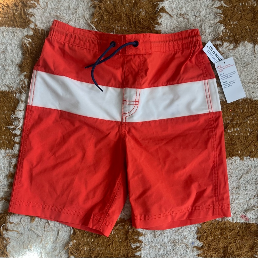 NWT Old Navy Orange and White Swim Shorts Trunks Board Shorts Lifeguard Style YL